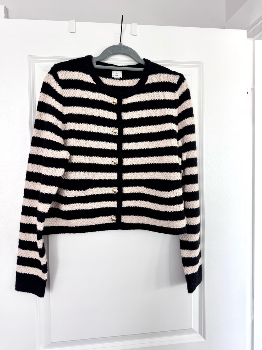 A New Day Striped Black and Cream Golden Button-Front Sweater Cardigan Size M
